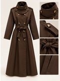 Lange trenchcoat in chocoladebruin met hoge kraag, dubbele knoopsluiting en strikceintuur – BARRISSE