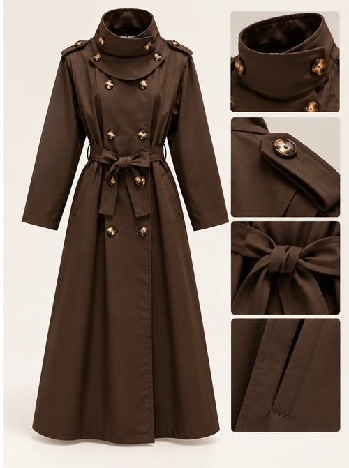 Lange trenchcoat in chocoladebruin met hoge kraag, dubbele knoopsluiting en strikceintuur – BARRISSE