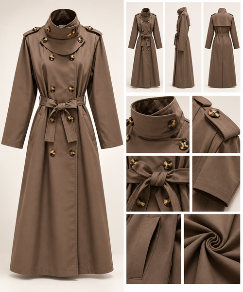 Lange trenchcoat in taupe met hoge kraag, dubbele knoopsluiting en strikceintuur – BARRISSE