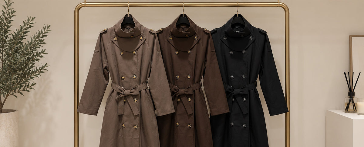 Lange trenchcoats van BARRISSE in taupe, chocoladebruin en zwart